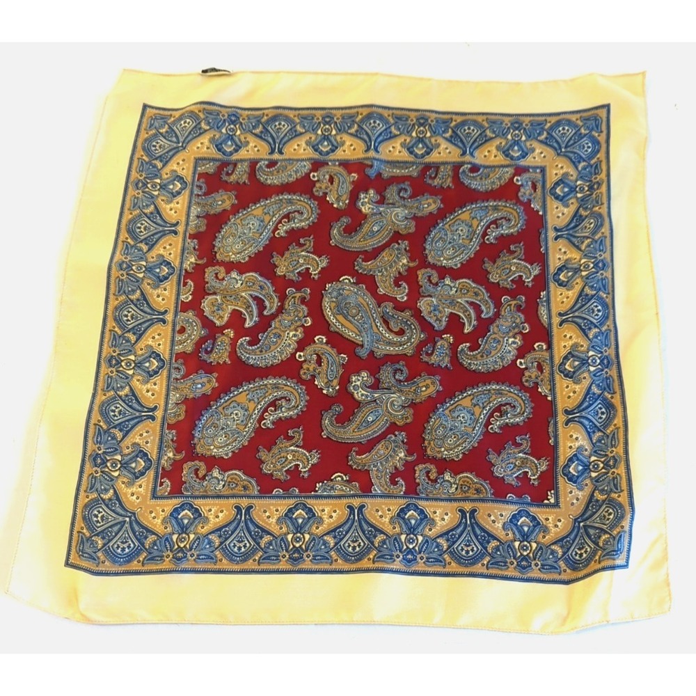 Vtg Silk Pocket Square Made in England Paisley Print Red Blue Gold 17"x17"
